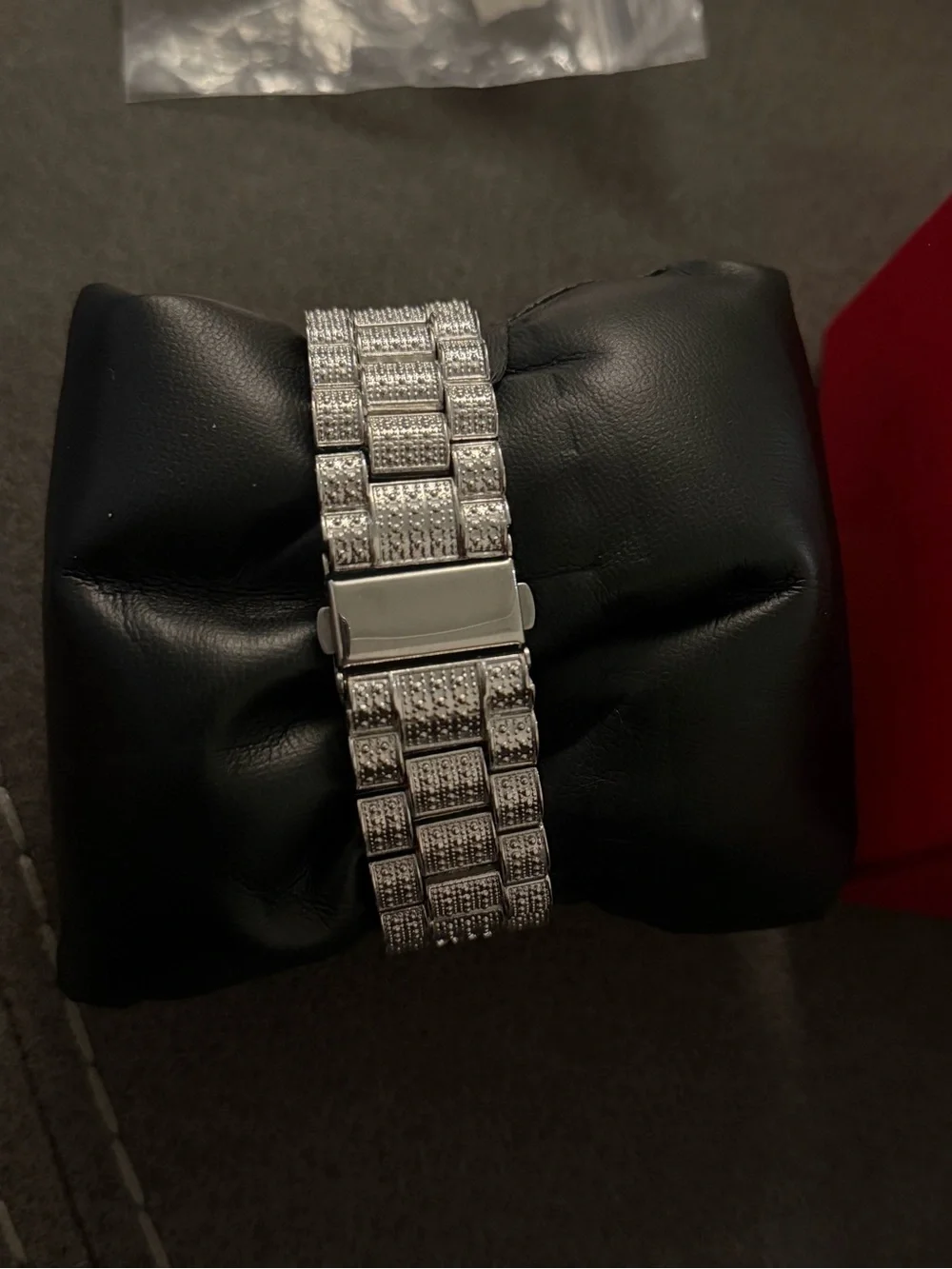 Men's Silver Crystal Bracelet Watch with Red Dial